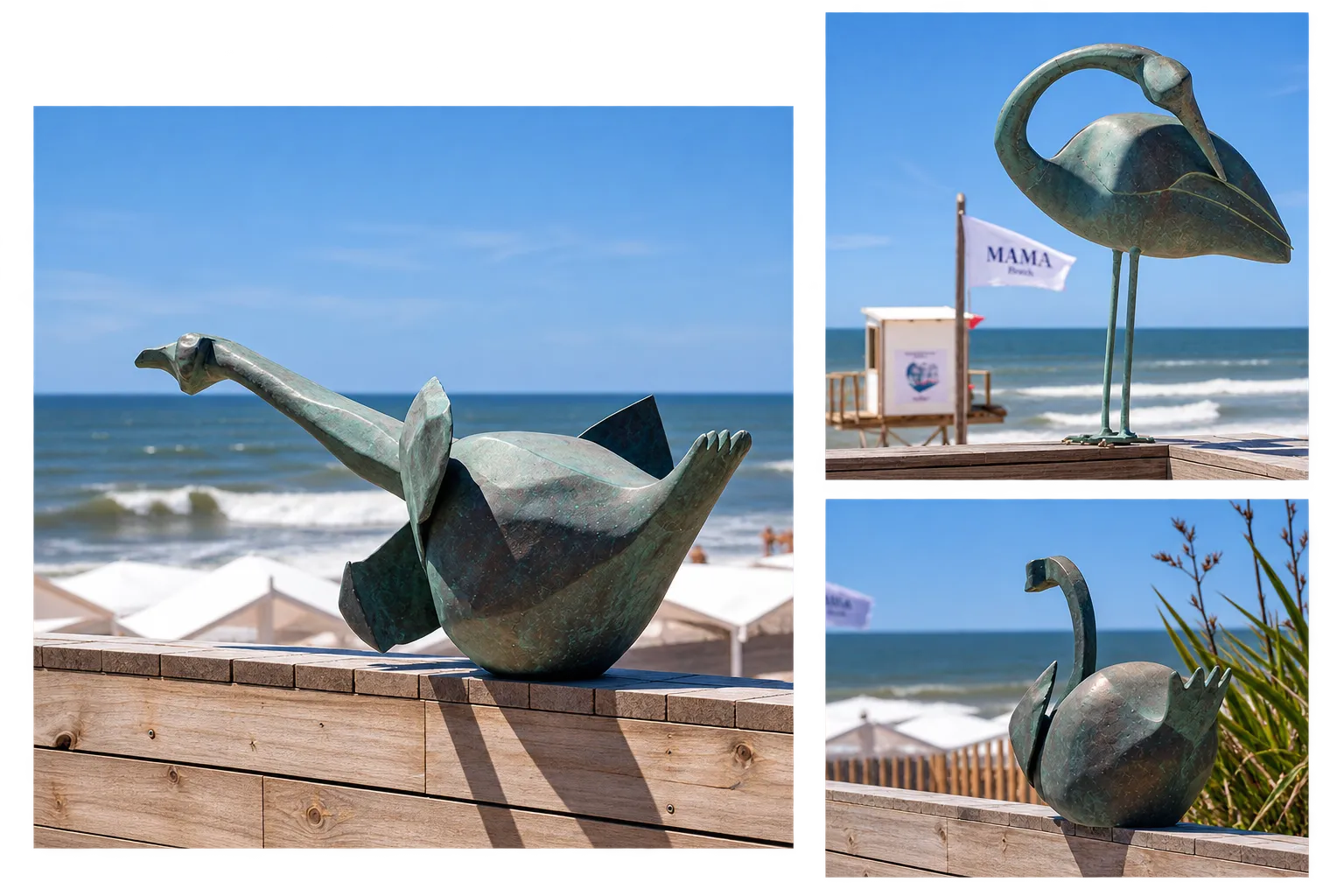 Esculturas de aves de Marco Otero sobre el deck del parador Mama Beach