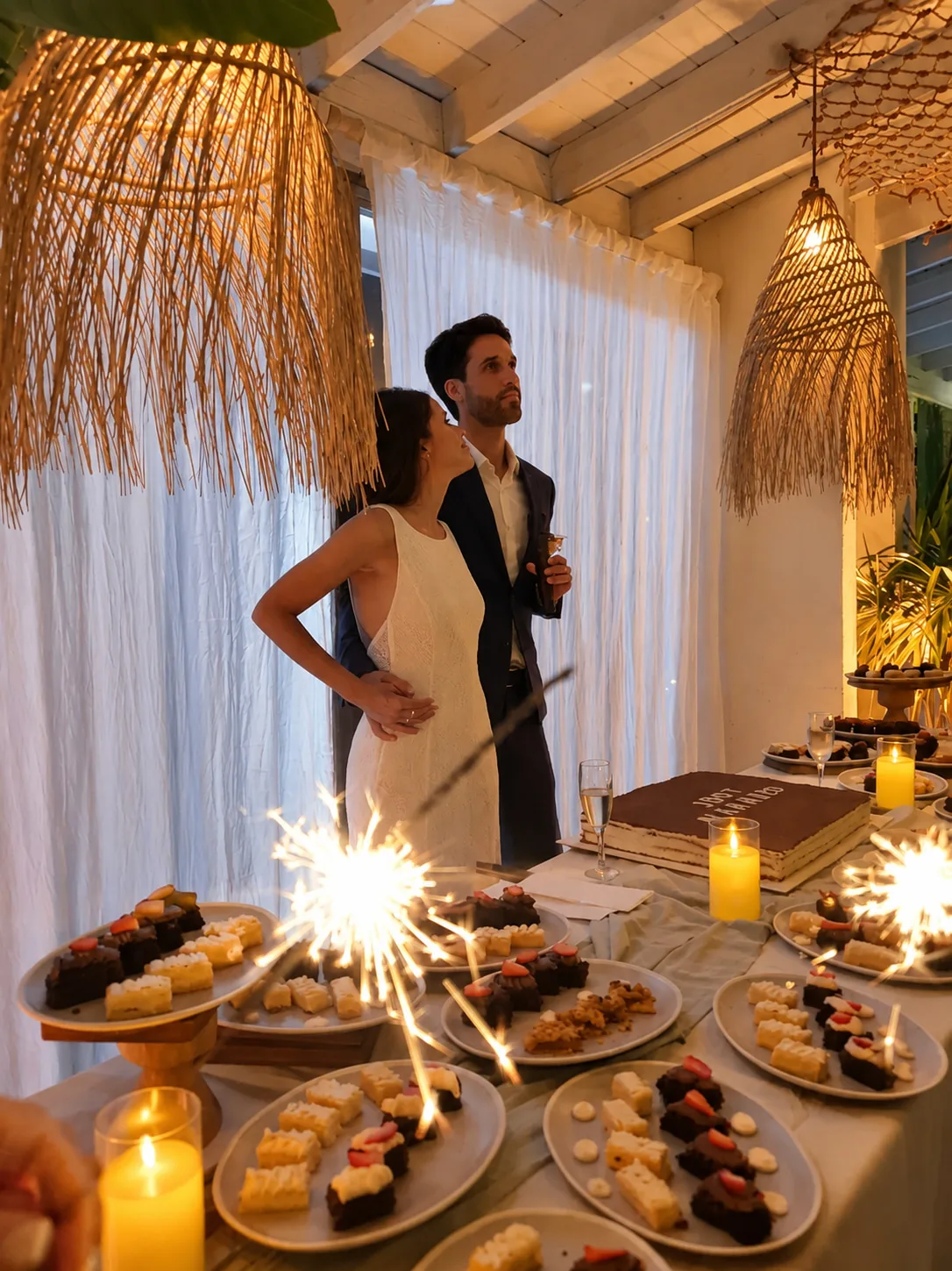 Los novios brindando junto a la mesa de postres, con velas y luz cálida