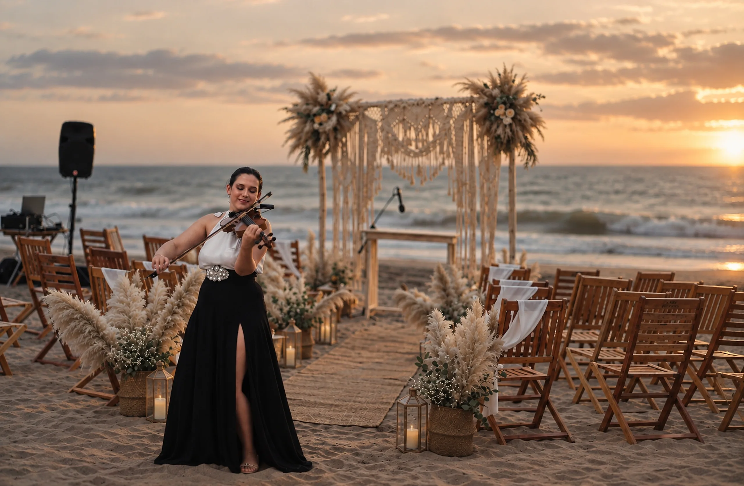 Ceremonia de casamiento al atardecer sobre la arena de Mama Beach: arco de pampas frente al mar, sillas de madera y una violinista tocando