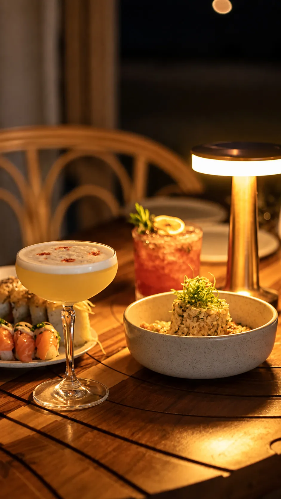 Tragos de autor y sushi servidos sobre una mesa de madera, de noche