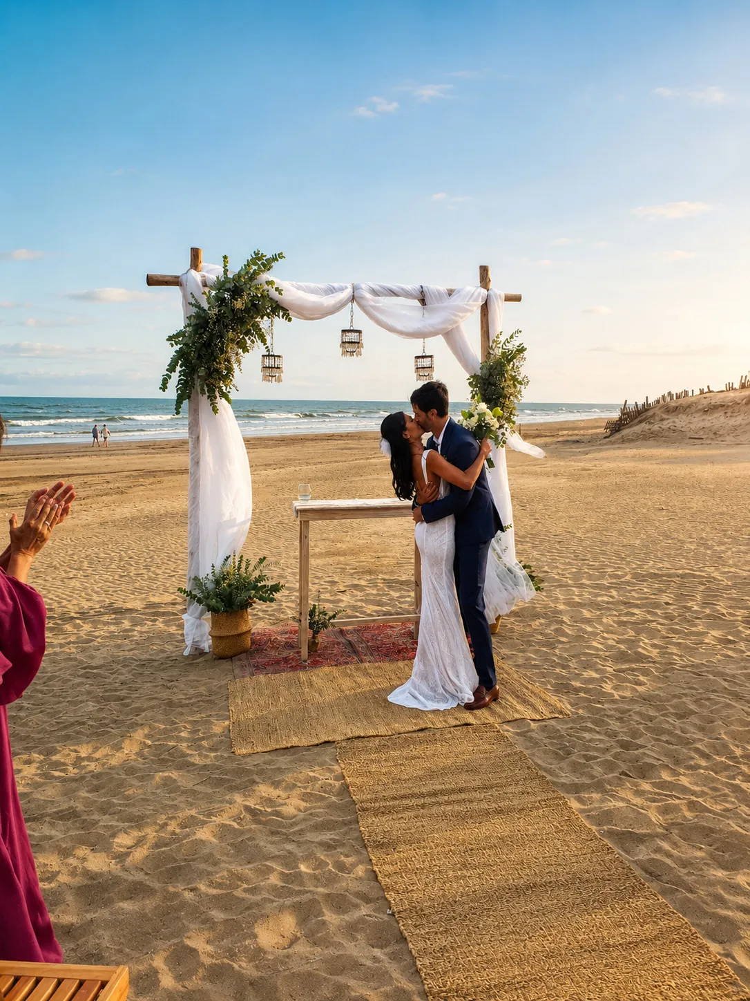Ceremonia de casamiento al atardecer sobre la arena
