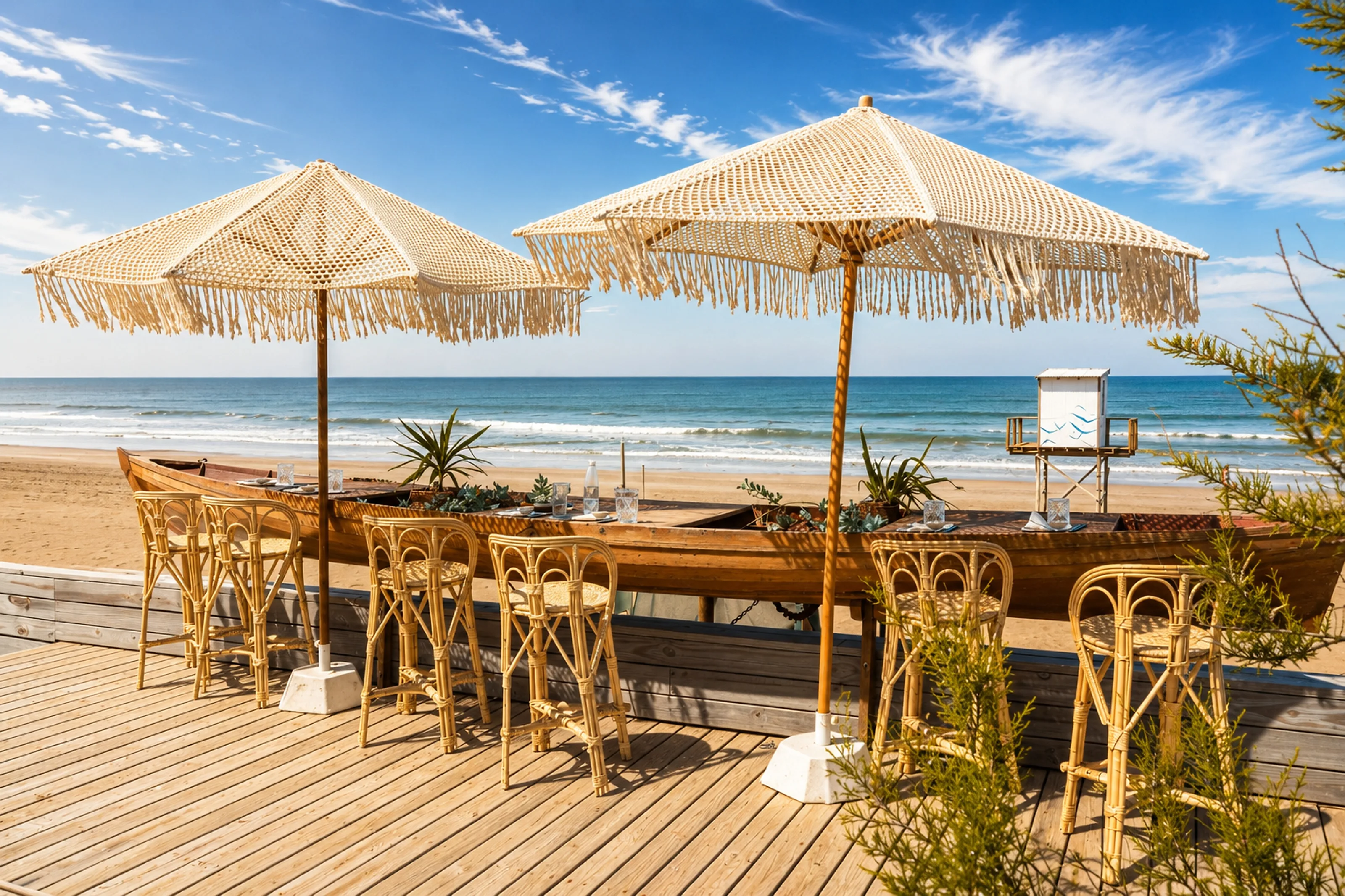 Mesa tendida sobre el deck de Mama Beach, bajo sombrillas de macramé, frente al mar